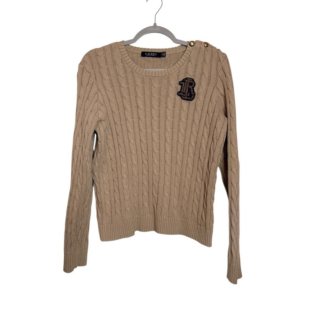 Lauren Ralph Lauren‎ Tan Cable Knit Crest Patch Gold Button Sweater Womens XL